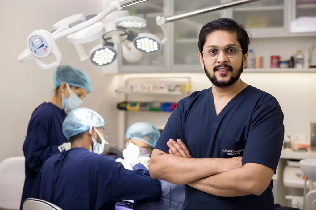 doctor ankit khasgiwala with his hair transplant expert technicians team at seraphic hair transplant indore